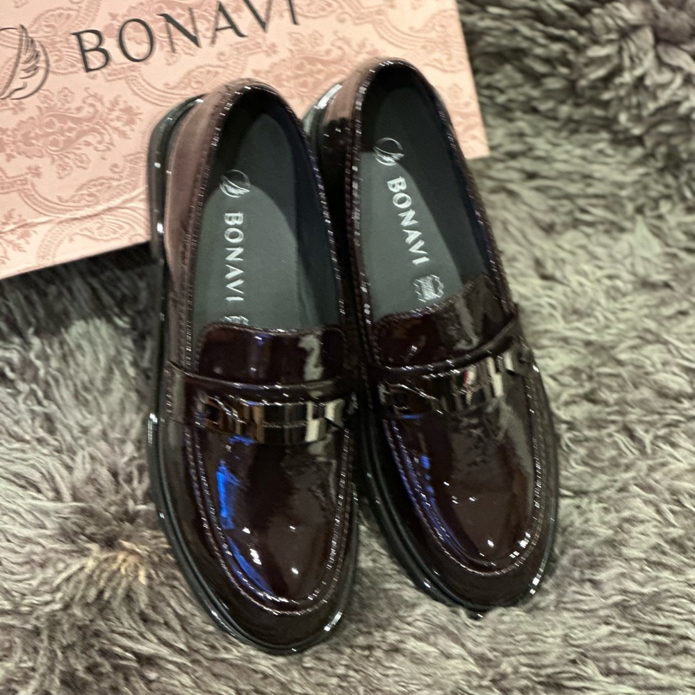 NIB Bonavi 42-T2E7  Burgundy Patent Leather Low Heel Loafer Shoes EU Size 38